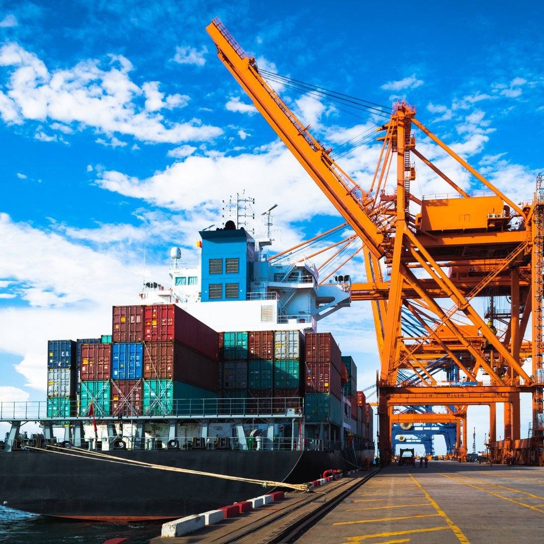 Container ship loading at port